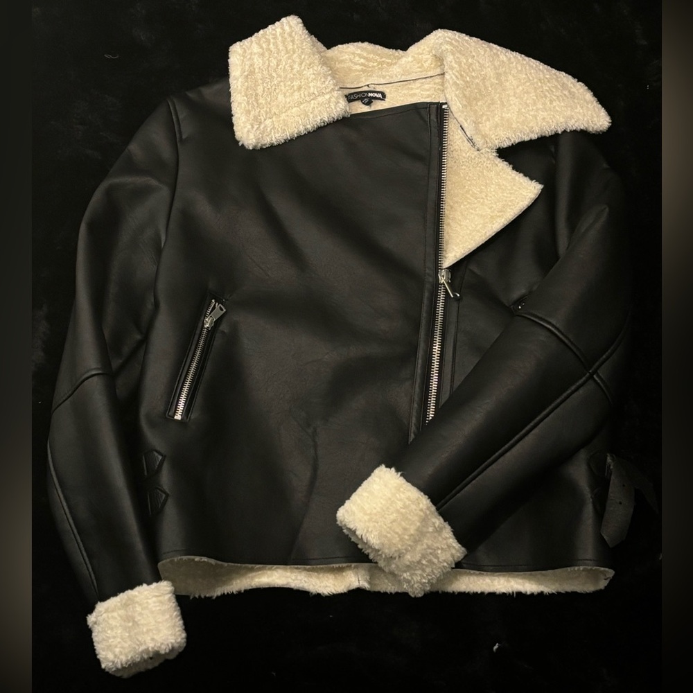 Genuine, leather, black jacket with fur